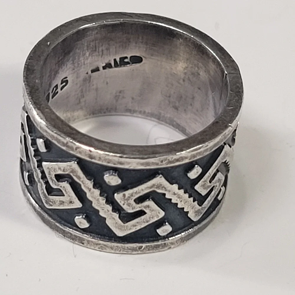 Vintage Mexico 925 Sterling Silver‎ Wide Band Ring Greek Key Size 6.5 - 10.2g
